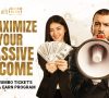 Two individuals promoting Jumbo Ticket's Refer & Earn Program, one holding cash and the other speaking through a megaphone, with the caption "Maximize Your Passive Income.