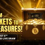 Jumbo Ticket Grand Live Draw - From Tickets to Treasures! A treasure chest filled with gold coins and a ticket on a grand stage background.